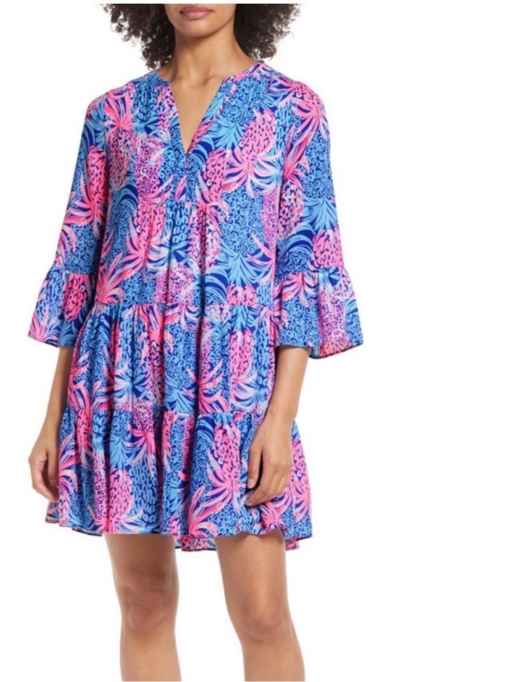 Lilly Pulitzer Blue & Pink Floral Tiered V-Neck Dress